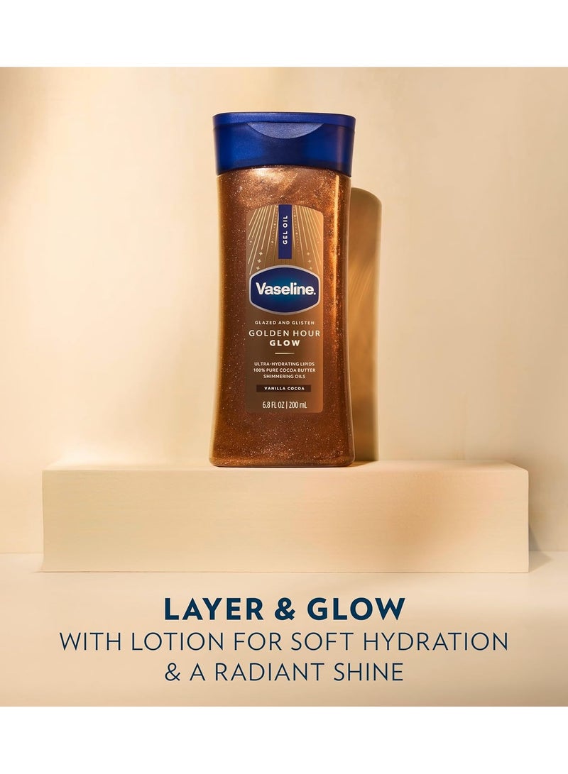 فازلين جل زيت الجسم "جولدن آور" 200 مل | فانيليا كاكاو جلو | زيت جسم لامع | مع دهون فائقة الترطيب وزبدة كاكاو نقية 100% - Image 3